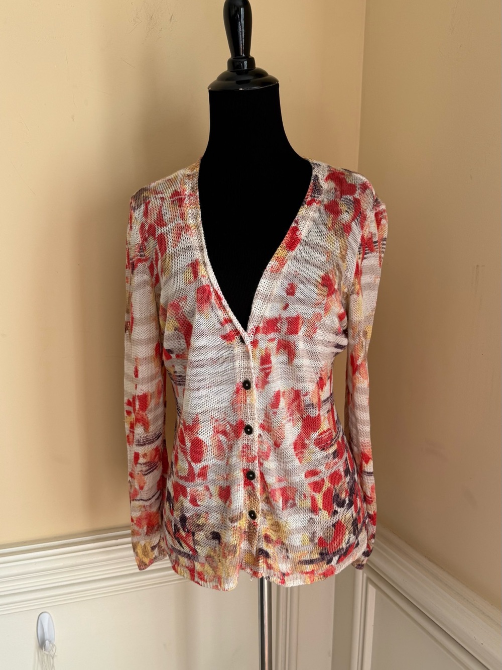 NIC+ZOE Red Floral Lightweight Button-Front Cardigan Size Large‎
